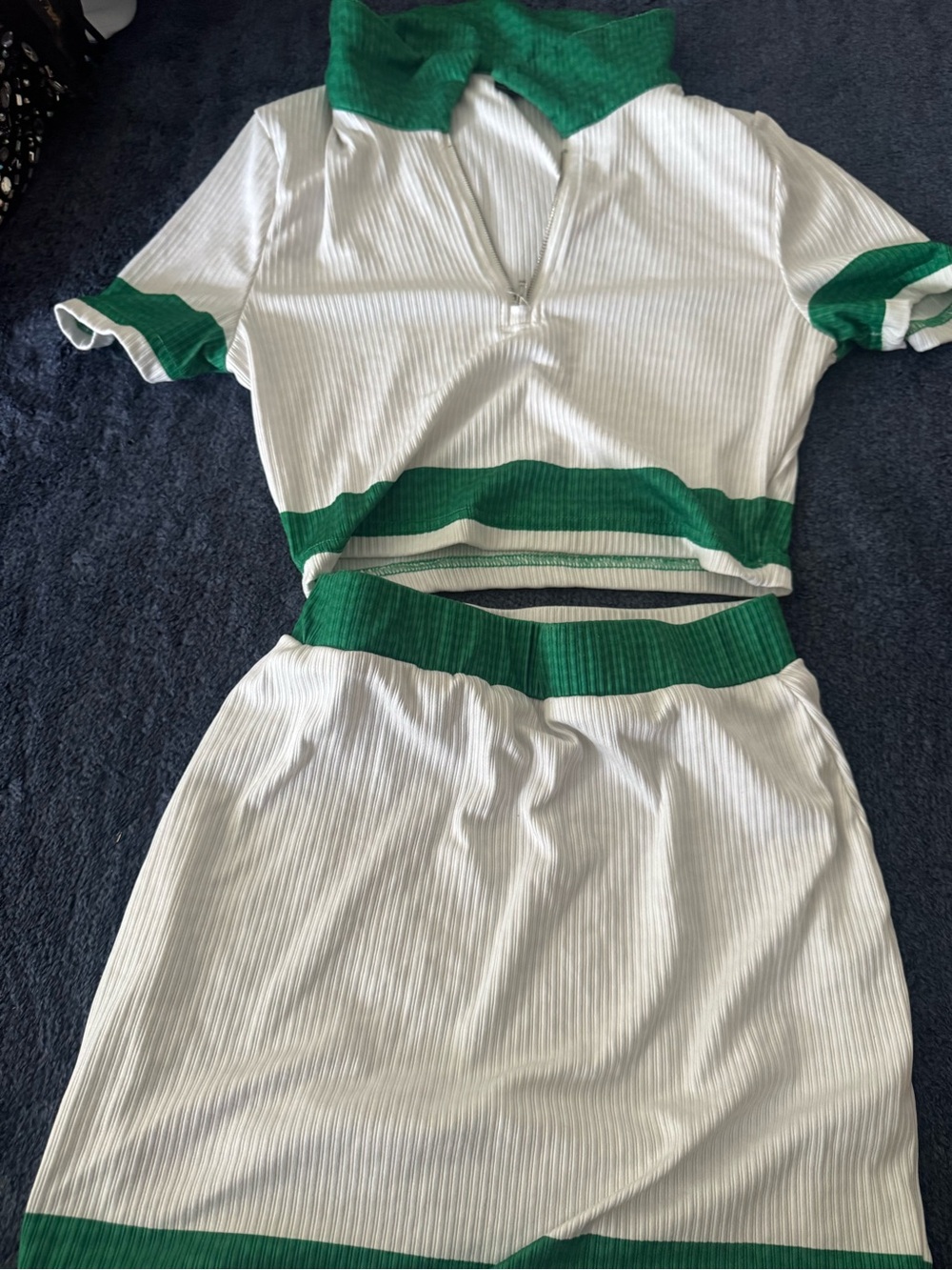 Green-Trim White Ribbed Skirt Set — Women’s Casual Skirt Set